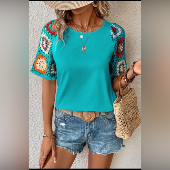 Tops - Turquoise Bohemian Top Crochet Open Weave Floral Sleeves, Stretch, Crew Neck